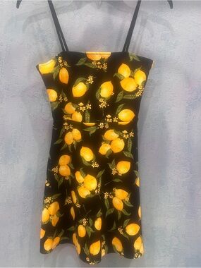 Divided Black Mini Dress with Yellow Lemon Print